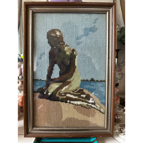 Vintage framed cross-stitch embroidery  of a little mermaid blue brown 16x10.5” - Picture 3 of 9